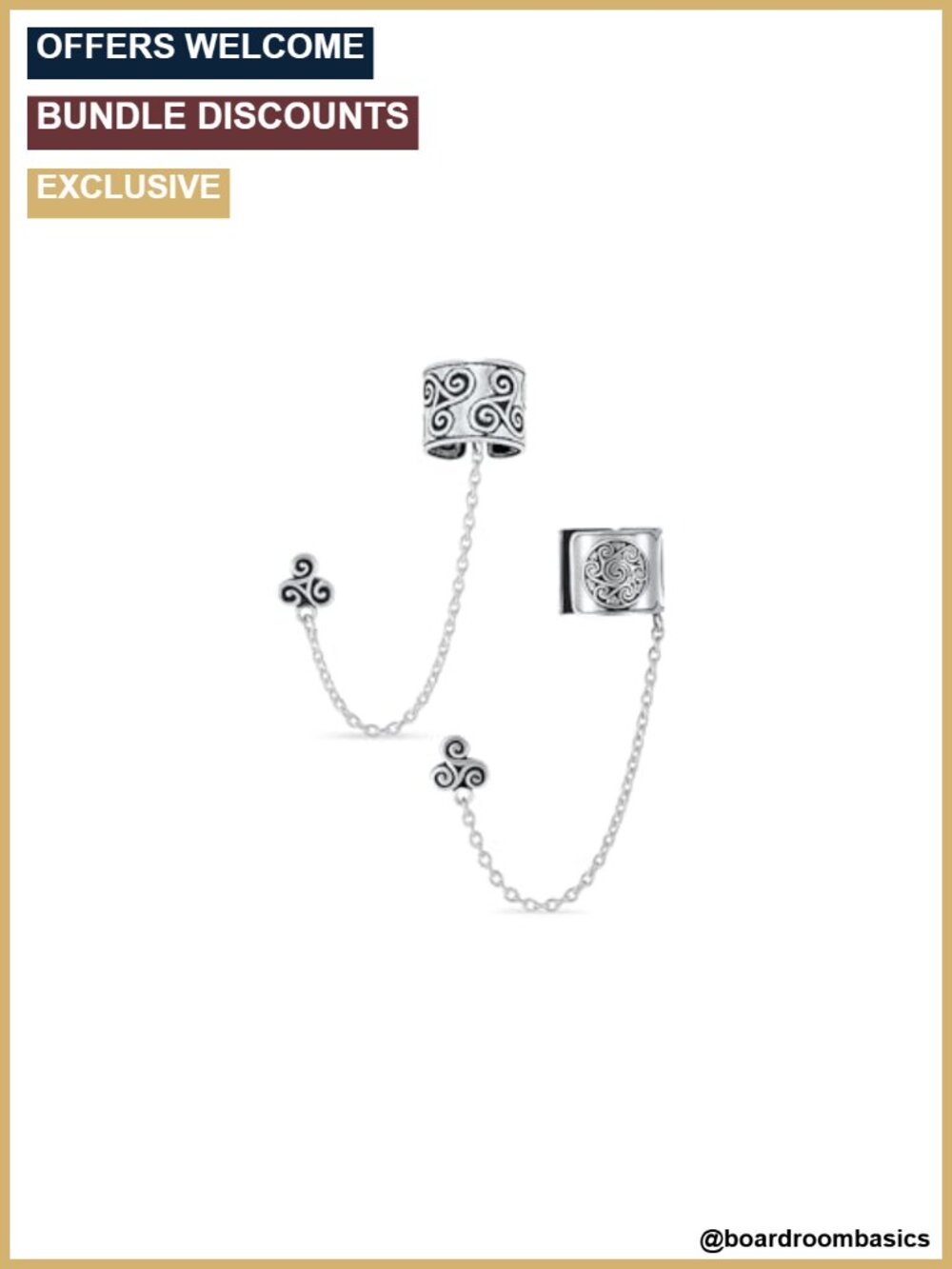 Sterling Silver Celtic Triskele Ear Cuff Chain Stud Earrings Set